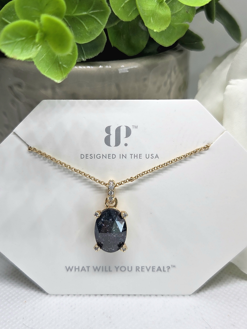 BP Gold Necklace with Oval Black Ice Crystal Pendant